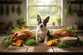 Boston Terrier puppy with ducks, sweet potatoes, oatmeal, microgreens