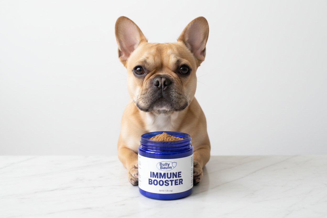 french bulldog holding open blue jar filled with brown powder labeled Bully Baum Immune Booster