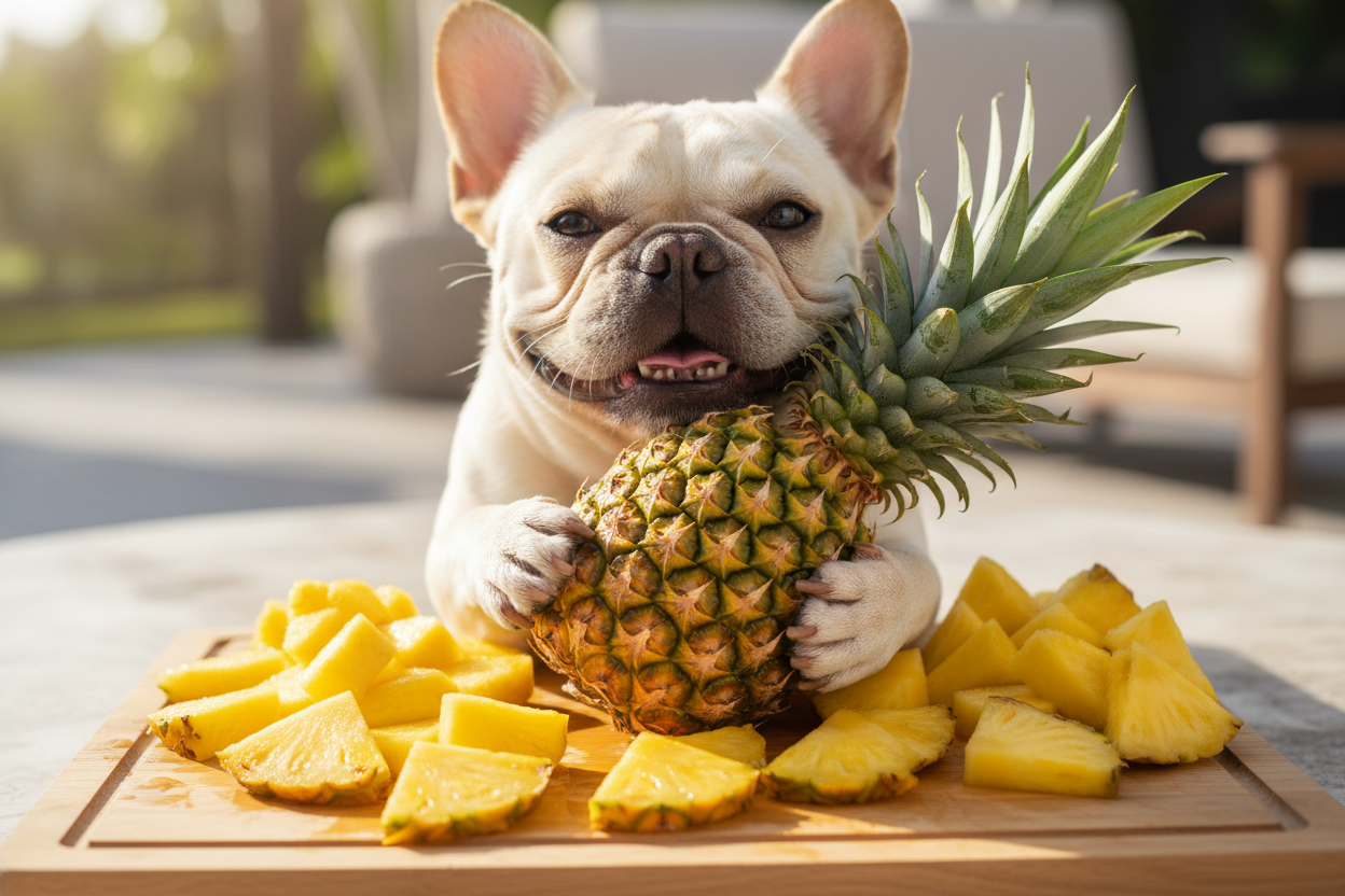 french bulldog hugging pineapple, with cur up pineapple surrounding him.