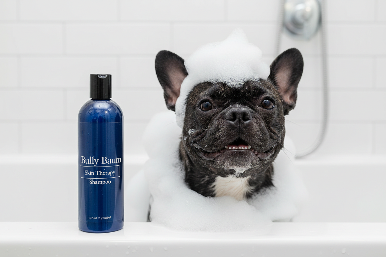 lathered with shampoo french bulldog with dark blue shampoo bottle labeled Bully Baum Skin Therapy Shampoo