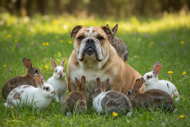 realistic looking bulldog in grass with rabbits all around